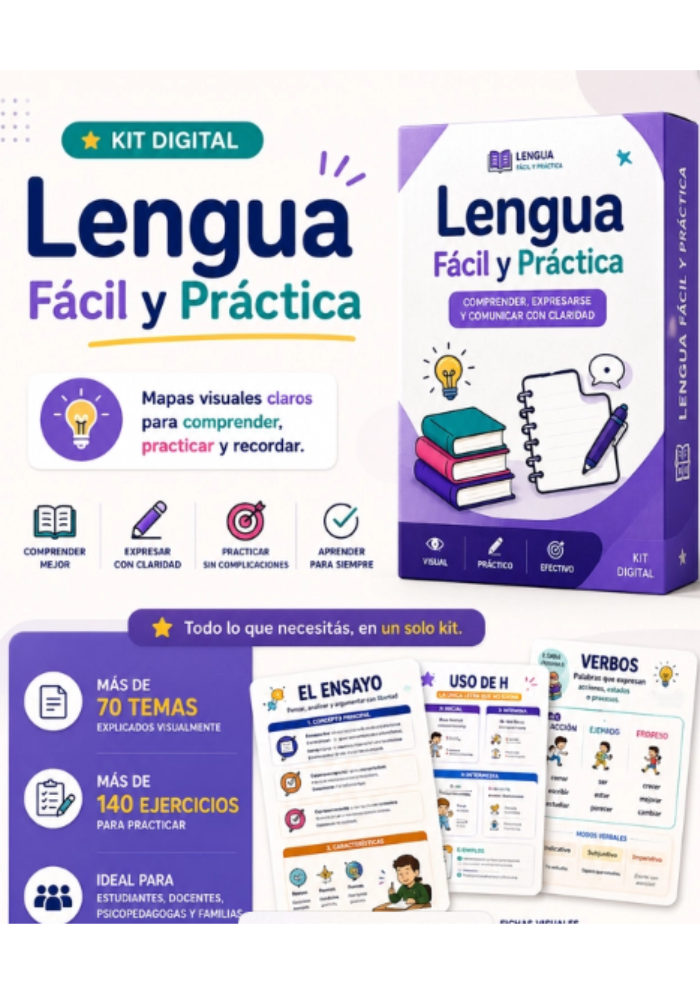 Método Lengua Fácil y Práctica Más de 70 mapas visuales y 150 actividades para comprender Lengua paso a paso desde primaria hasta el ingreso universitario.